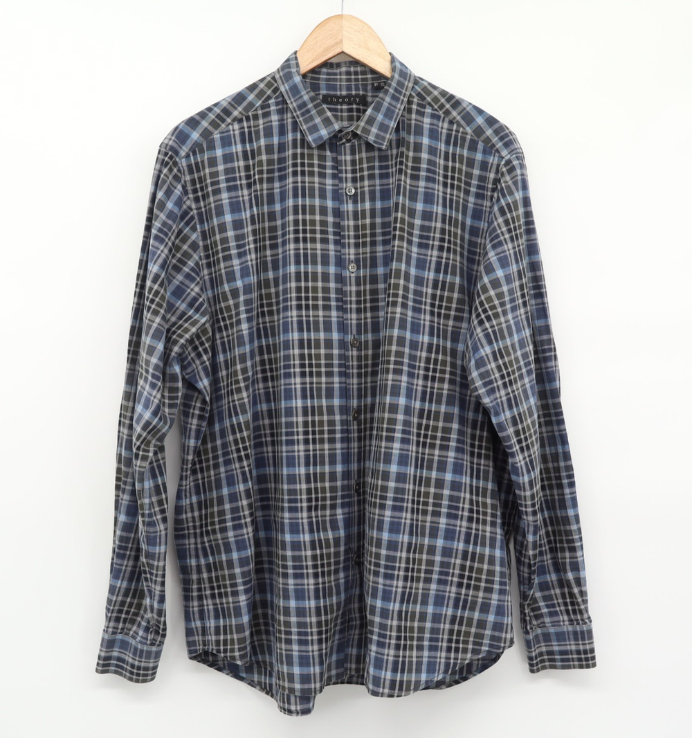 Theory 2XL Zack Blue/Grey Cotton Plaid Button Down Long Sleeve Shirt Preppy